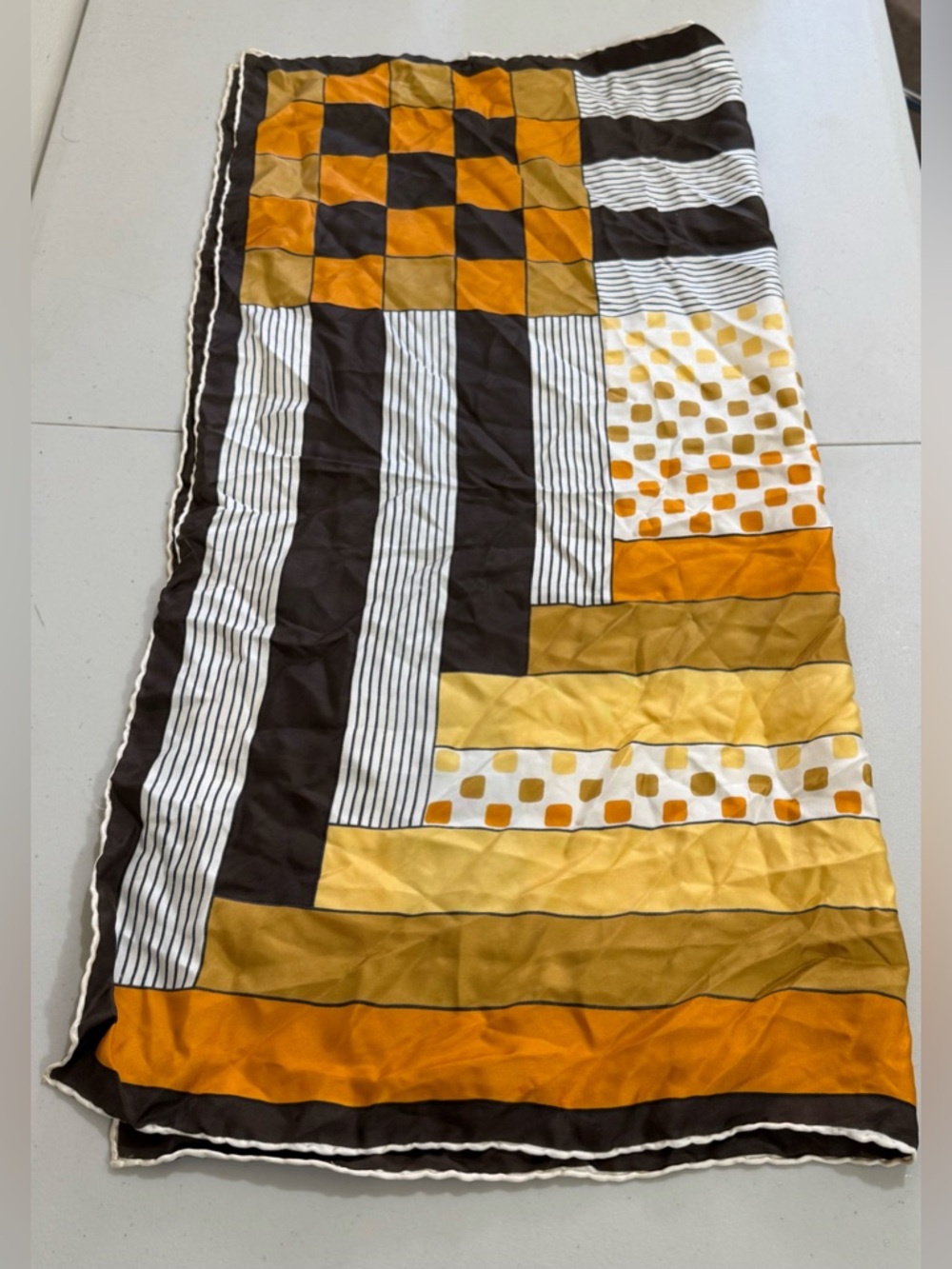JEAN PATOU Geometric Patchwork Maxi Scarf in Mustard and Brown
